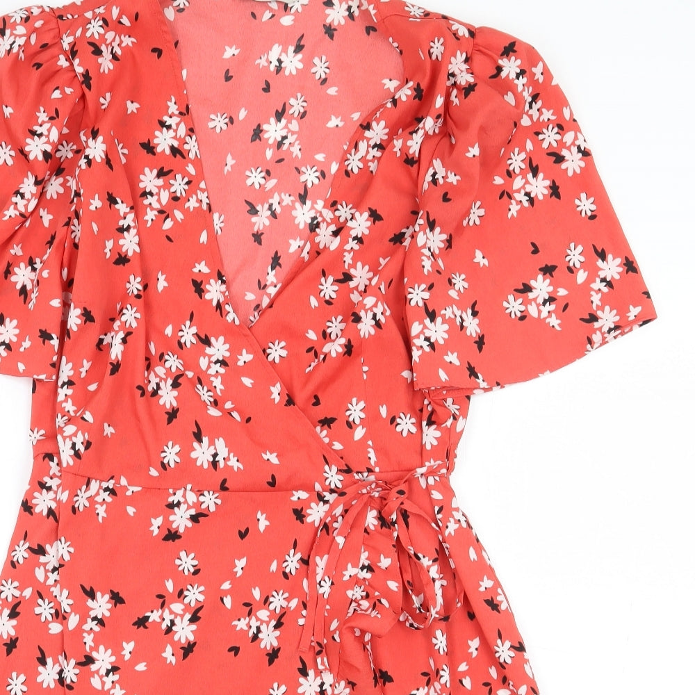 George Womens Red Floral Polyester Wrap Dress Size 12 V-Neck Tie