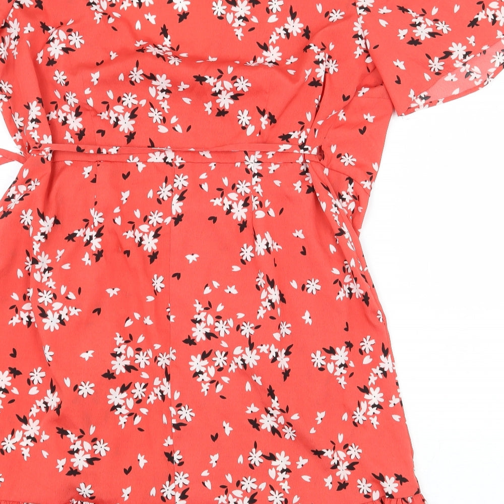 George Womens Red Floral Polyester Wrap Dress Size 12 V-Neck Tie