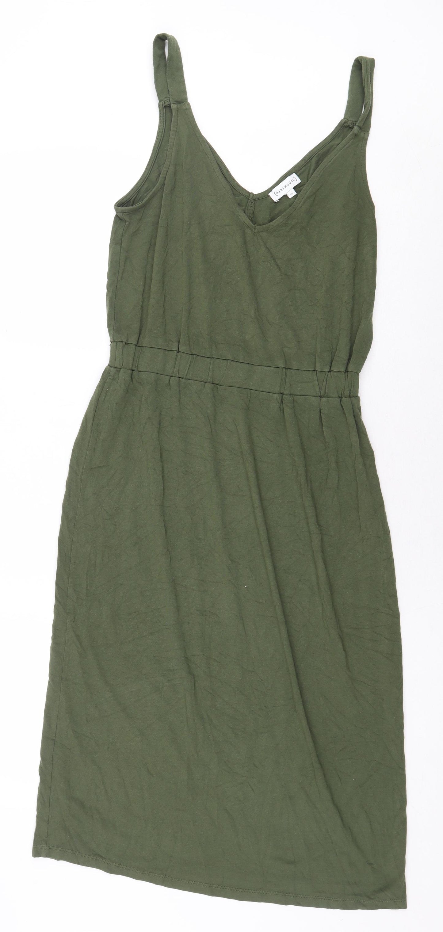 Warehouse Womens Green Viscose Tank Dress Size 10 V-Neck Pullover