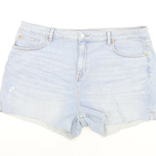 Marks and Spencer Womens Blue Cotton Mom Shorts Size 22 Regular Zip - Inside leg less than 3 inches.