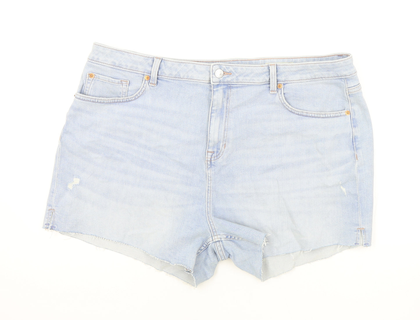 Marks and Spencer Womens Blue Cotton Mom Shorts Size 22 Regular Zip - Inside leg less than 3 inches.