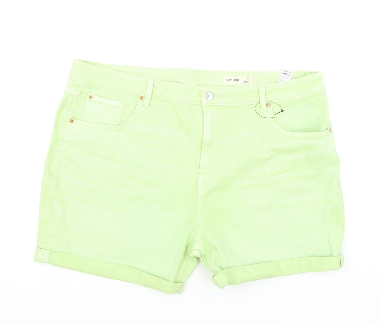 Marks and Spencer Womens Green Cotton Boyfriend Shorts Size 22 L5 in Regular Zip