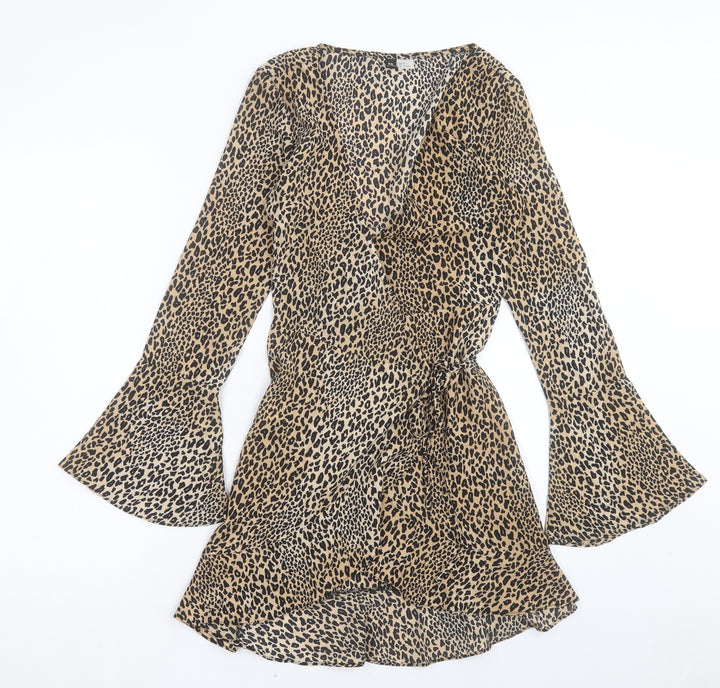 H&M Womens Brown Animal Print Polyester Wrap Dress Size 6 V-Neck Tie - Leopard Print