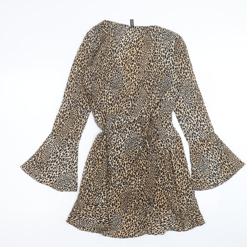 H&M Womens Brown Animal Print Polyester Wrap Dress Size 6 V-Neck Tie - Leopard Print