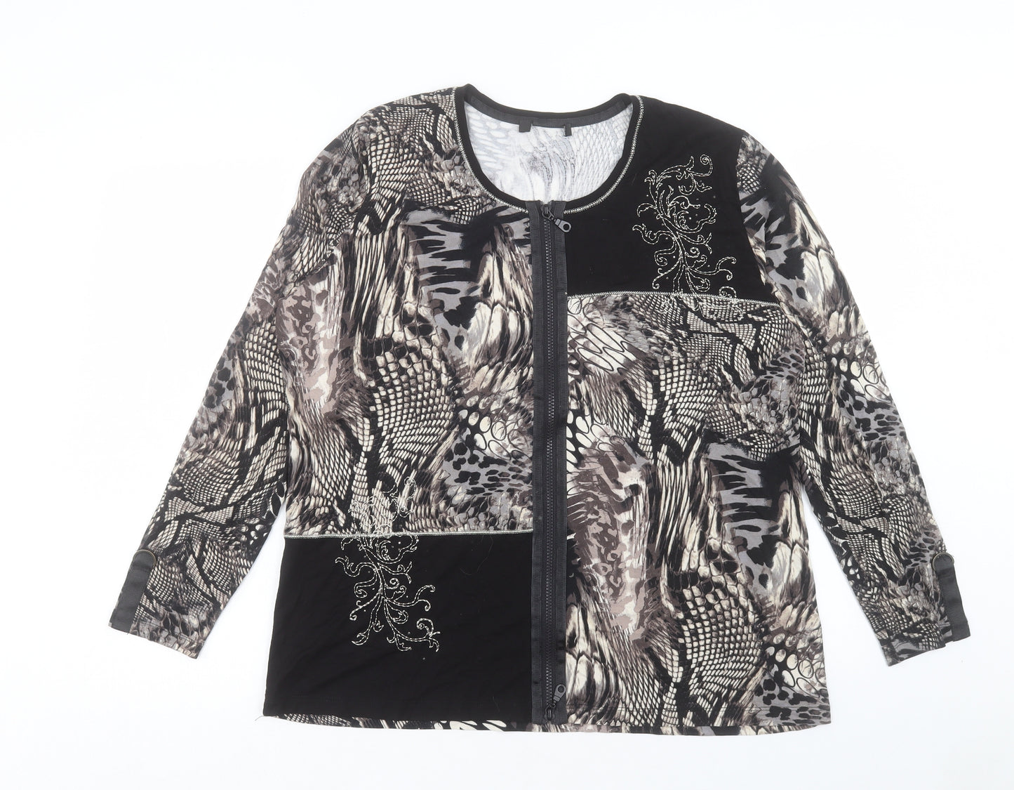 Preworn Womens Black Geometric Viscose Basic T-Shirt Size 18 Crew Neck