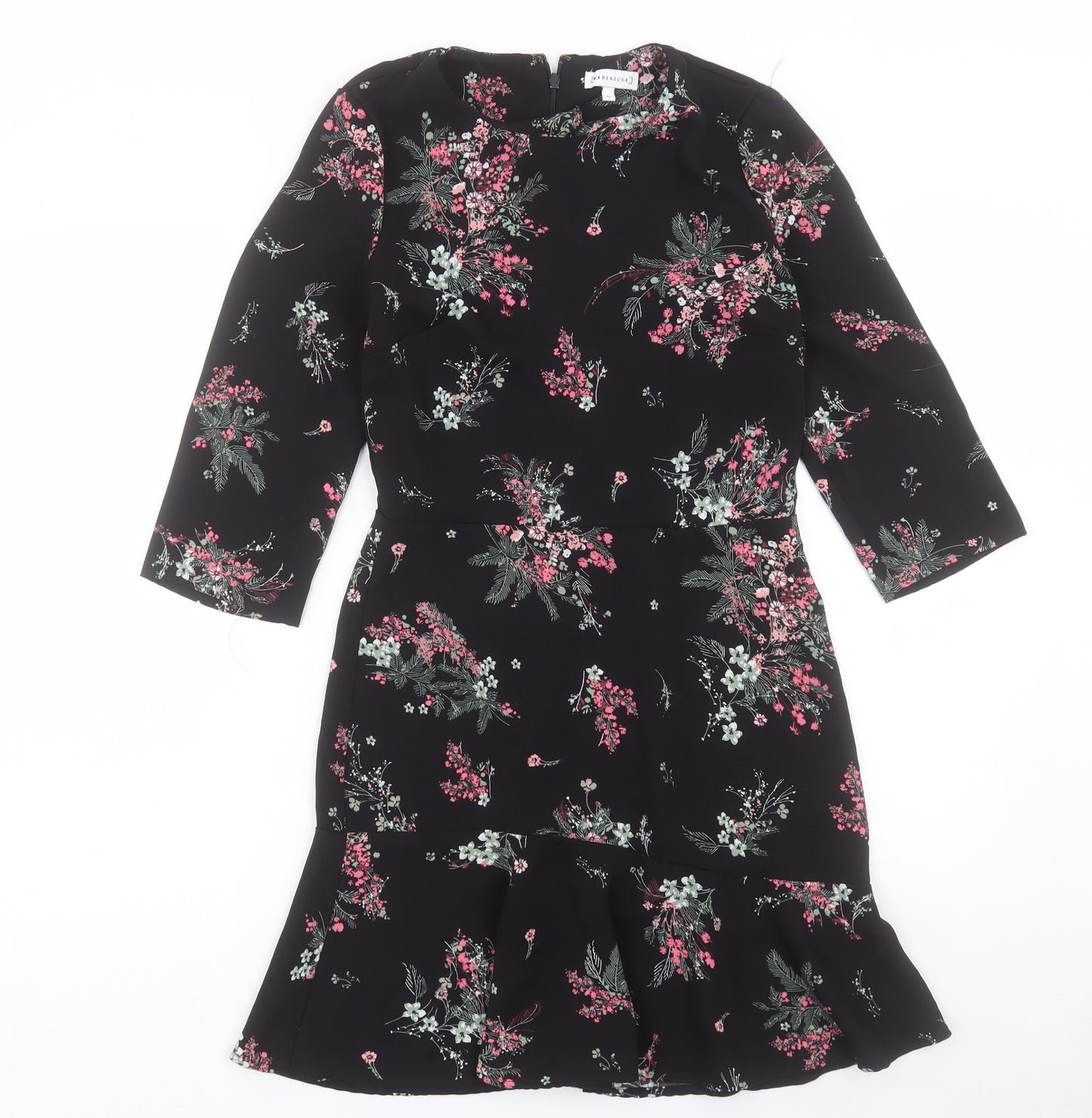 Warehouse Womens Black Floral Polyester A-Line Size 10 Crew Neck Zip
