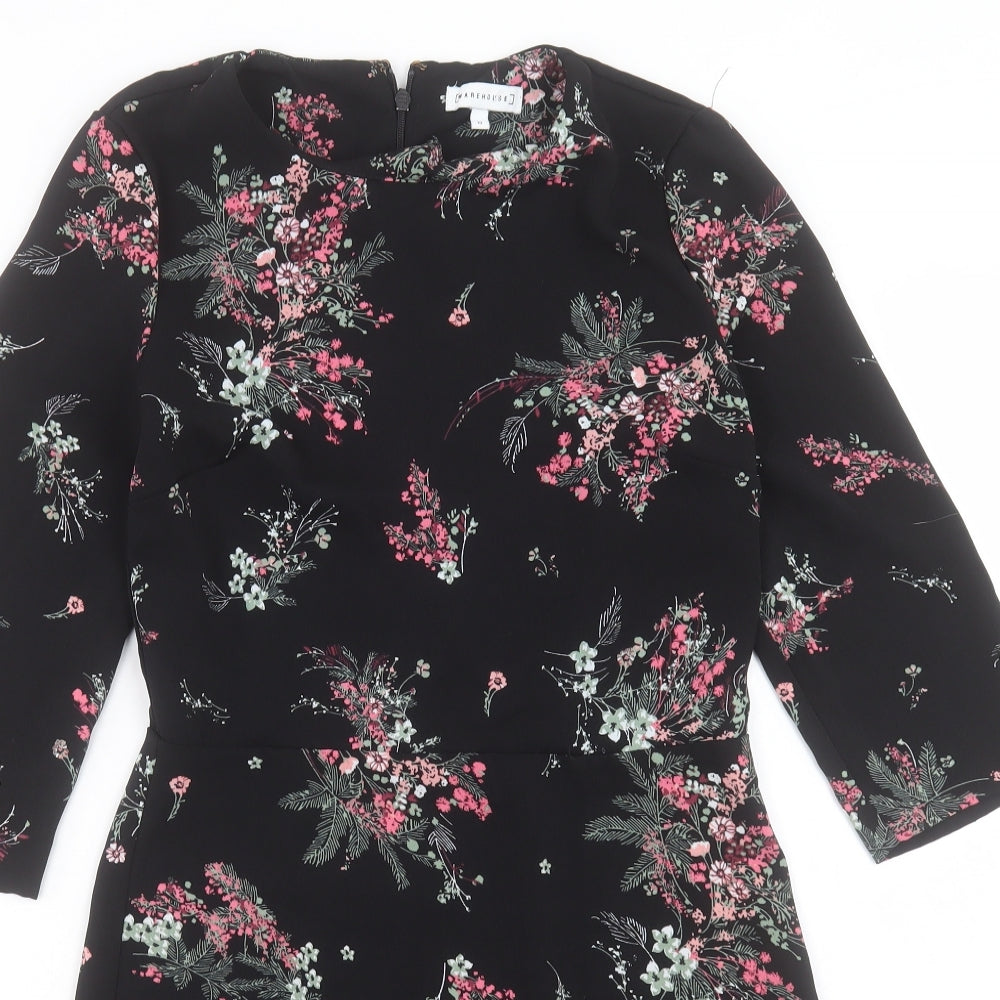 Warehouse Womens Black Floral Polyester A-Line Size 10 Crew Neck Zip