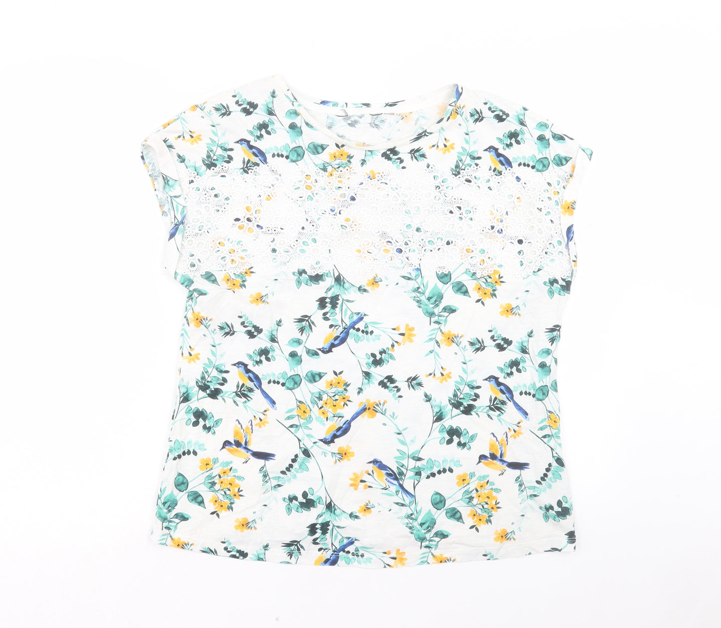 Dorothy Perkins Womens White Floral Cotton Basic T-Shirt Size 14 Crew Neck