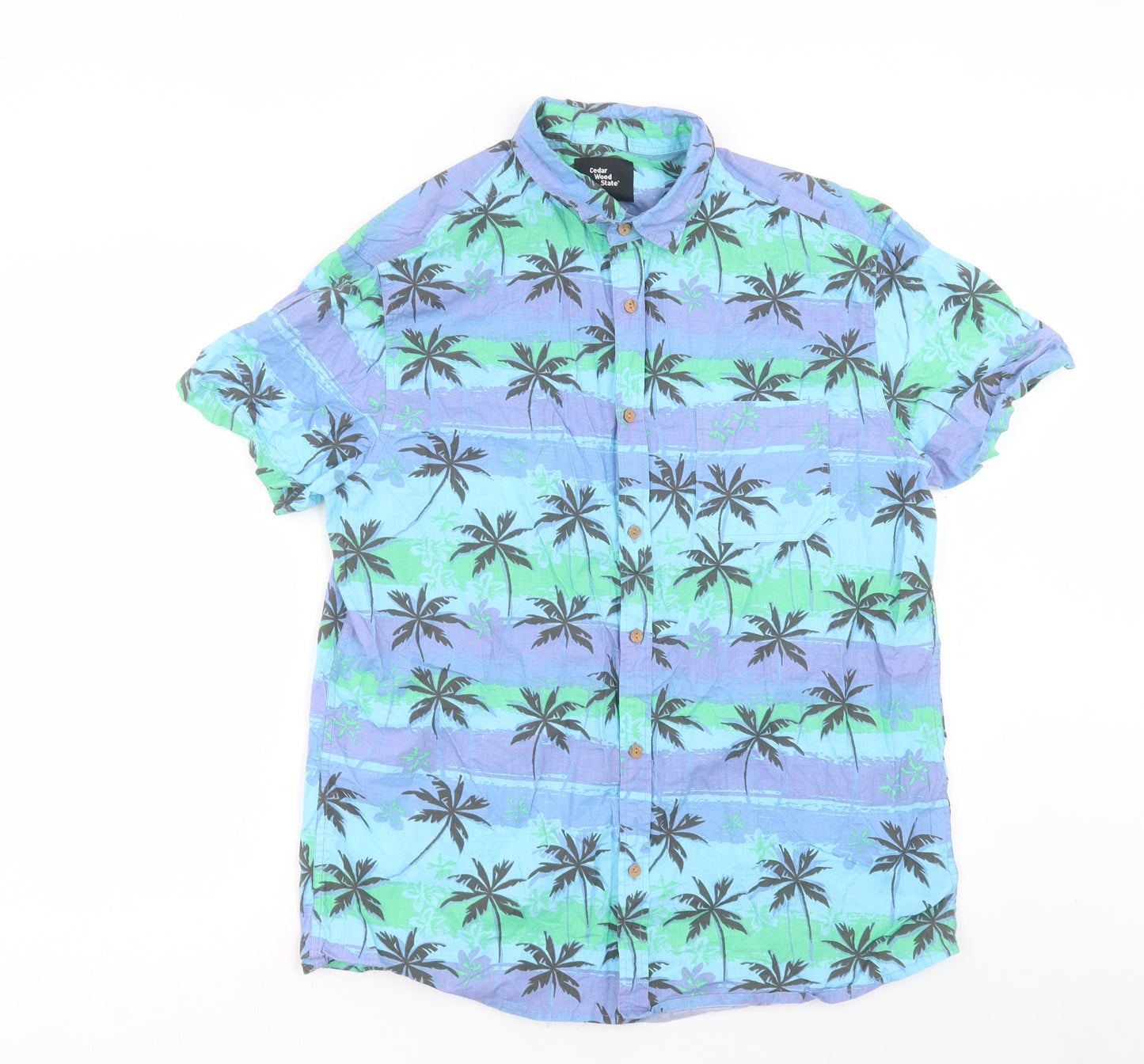 Cedar Wood State Mens Blue Geometric Cotton Button-Up Size L Collared Button - Palm Tree Print