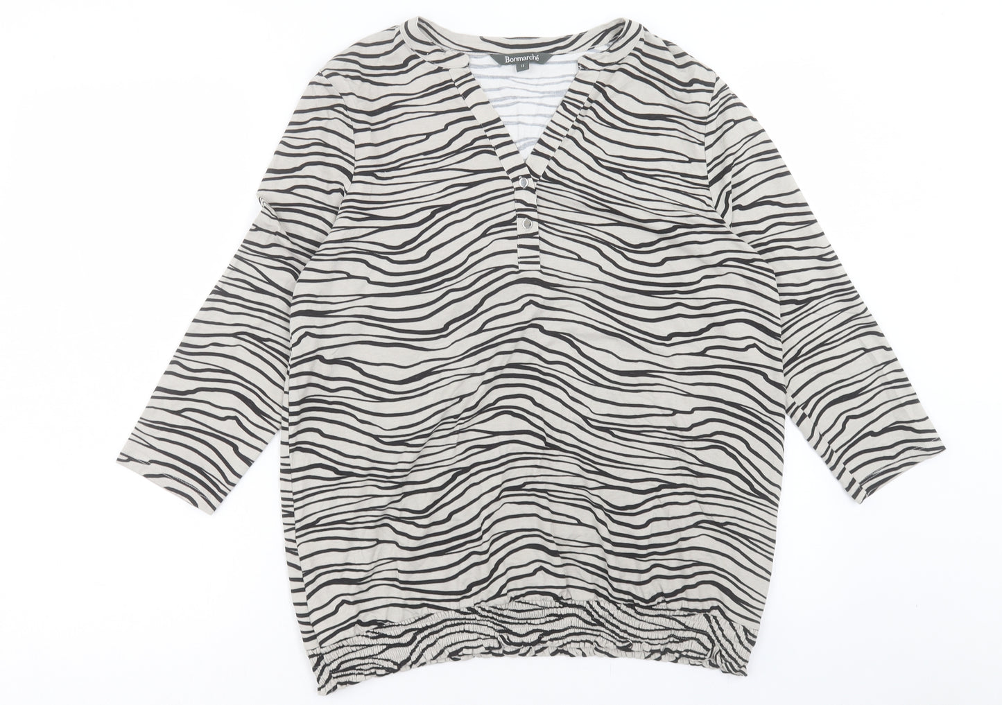 Bonmarché Womens Beige Animal Print Viscose Basic T-Shirt Size 12 V-Neck - Zebra Print
