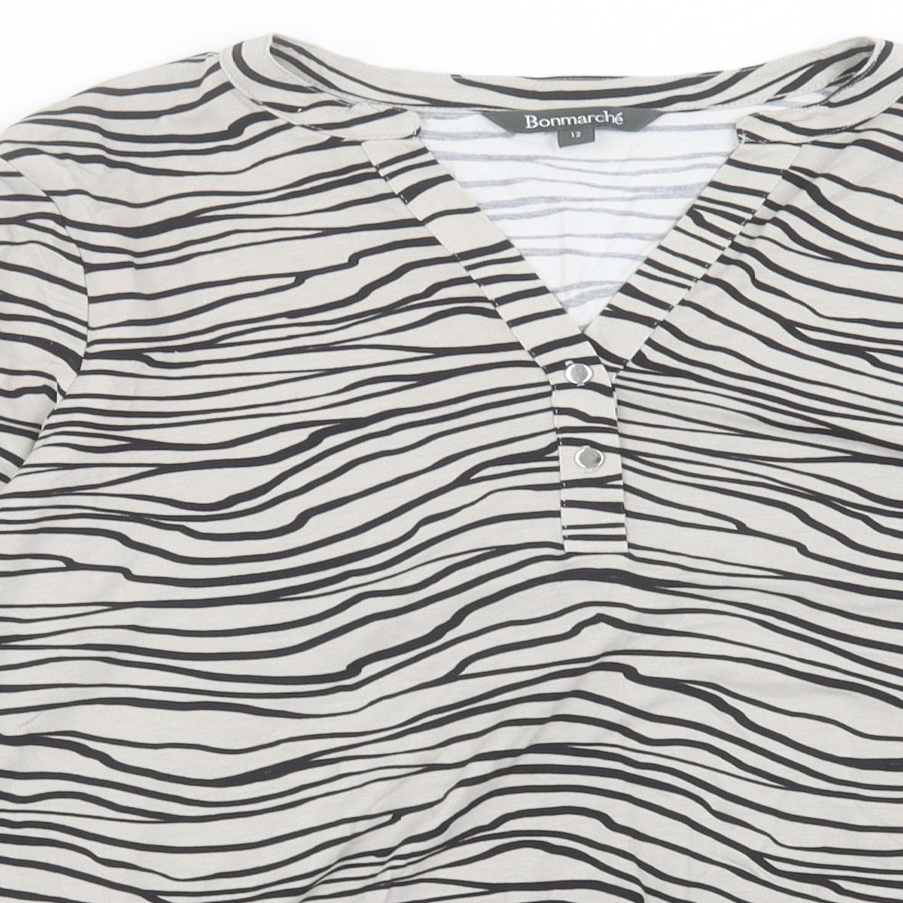 Bonmarché Womens Beige Animal Print Viscose Basic T-Shirt Size 12 V-Neck - Zebra Print