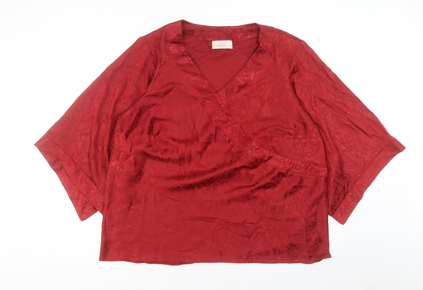 Ann Harvey Womens Red Floral Polyester Basic T-Shirt Size 24 V-Neck