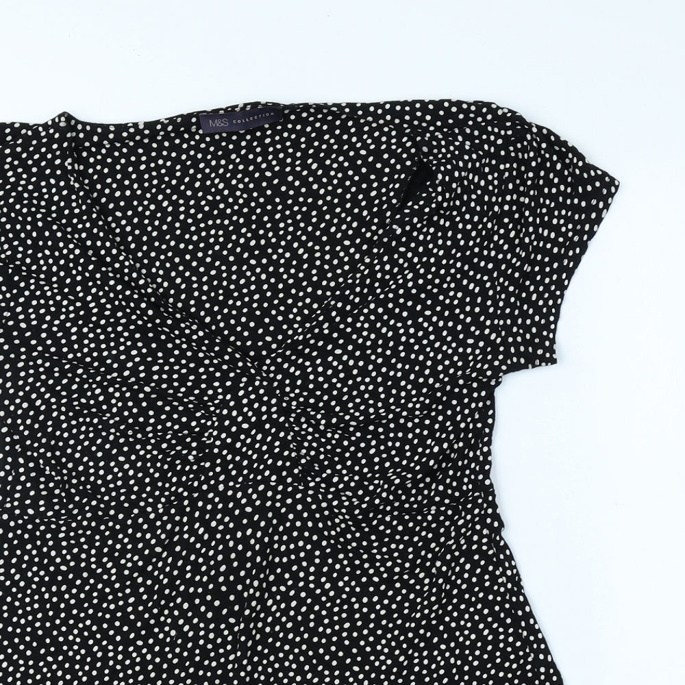Marks and Spencer Womens Black Polka Dot Viscose Skater Dress Size 8 V-Neck Pullover