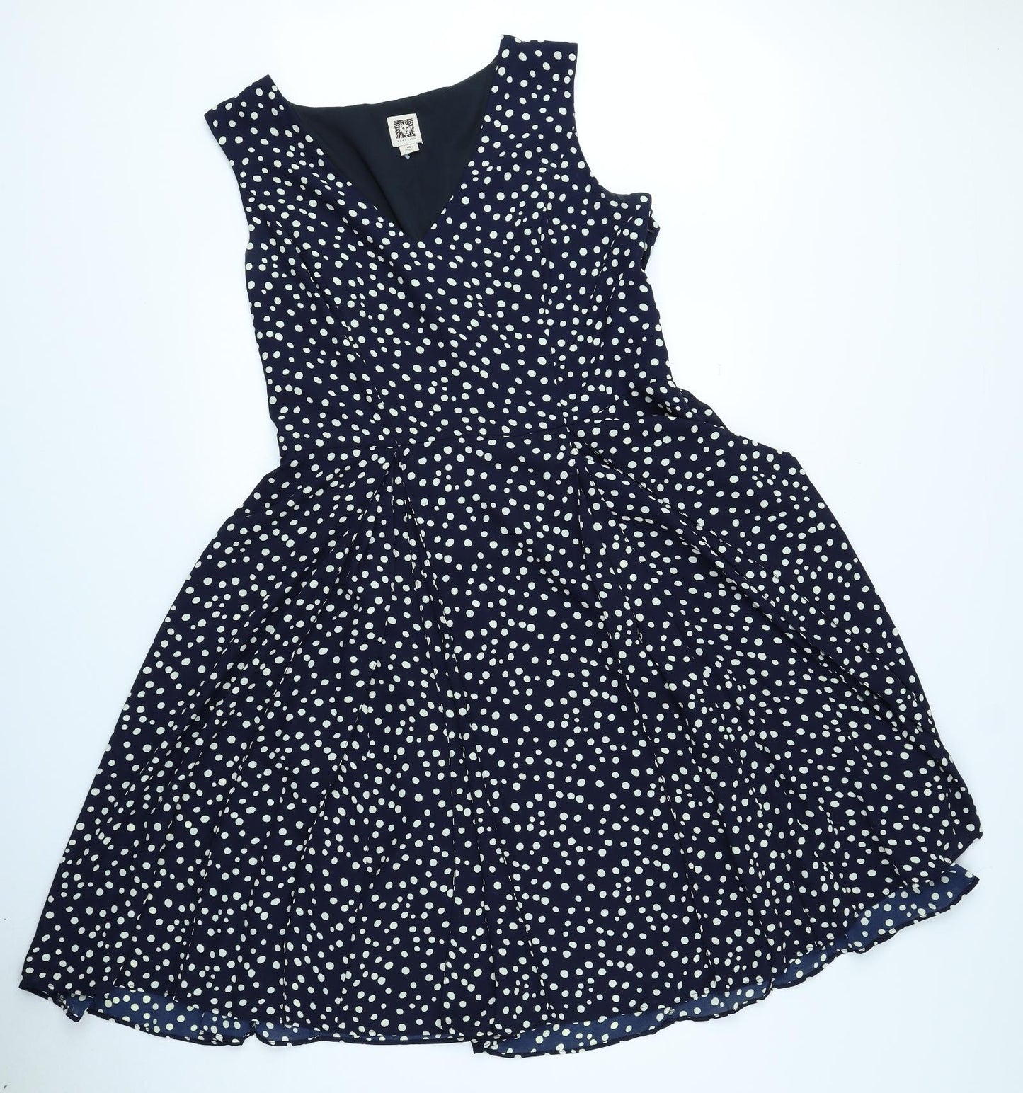 Anne Klein Womens Blue Polka Dot Polyester Fit & Flare Size 14 V-Neck Zip