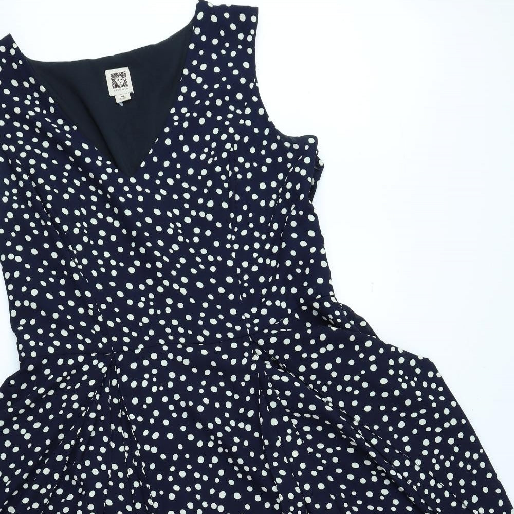 Anne Klein Womens Blue Polka Dot Polyester Fit & Flare Size 14 V-Neck Zip