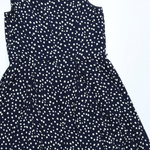 Anne Klein Womens Blue Polka Dot Polyester Fit & Flare Size 14 V-Neck Zip