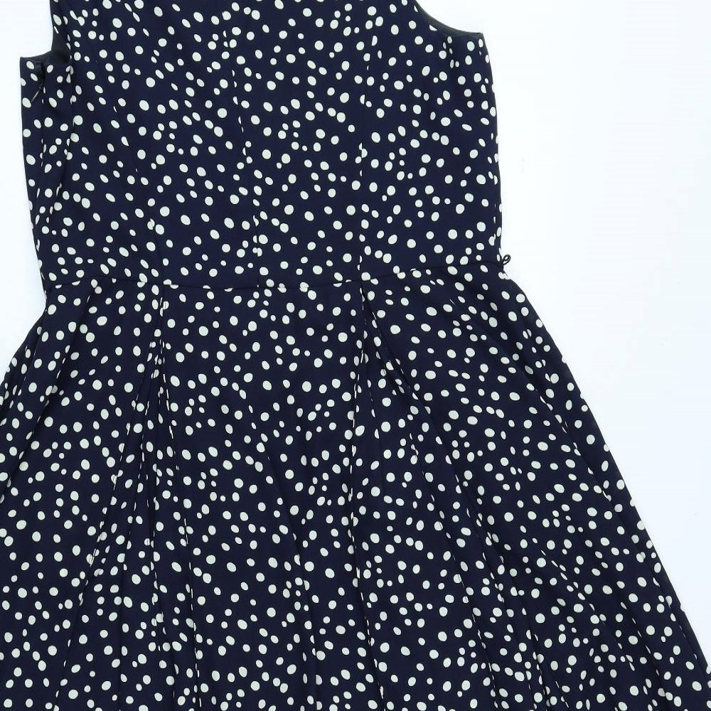 Anne Klein Womens Blue Polka Dot Polyester Fit & Flare Size 14 V-Neck Zip