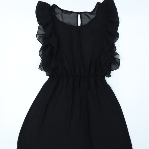 Miss Selfridge Womens Black Polyester Fit & Flare Size 8 Crew Neck Button