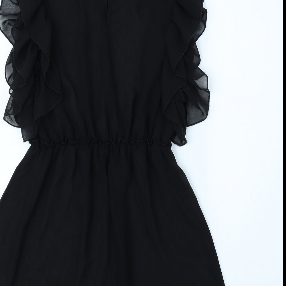 Miss Selfridge Womens Black Polyester Fit & Flare Size 8 Crew Neck Button