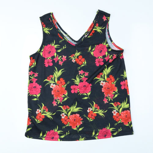 Bonmarche Womens Black Floral Polyester Basic Tank Size 12 V-Neck