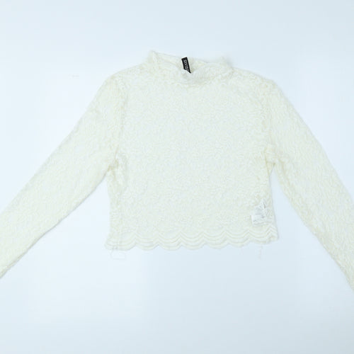 Divided Womens White Floral Polyamide Blouse Size M Roll Neck - See through
