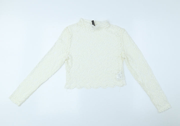 Divided Womens White Floral Polyamide Blouse Size M Roll Neck - See through