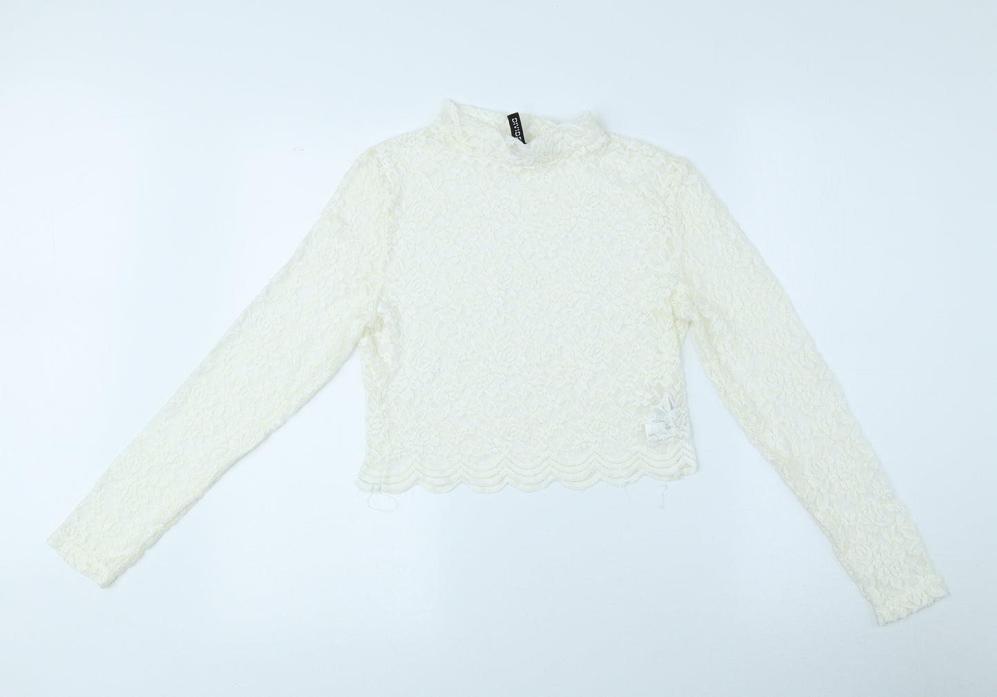 Divided Womens White Floral Polyamide Blouse Size M Roll Neck - See through