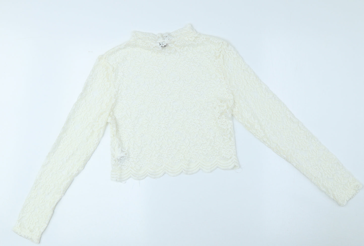 Divided Womens White Floral Polyamide Blouse Size M Roll Neck - See through