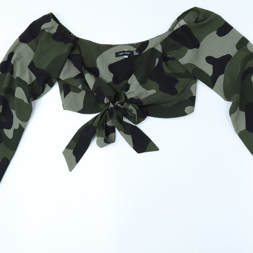 I SAW IT FIRST Womens Green Camouflage Polyester Cropped Blouse Size 6 Scoop Neck - Tie Front