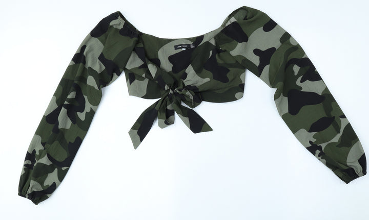 I SAW IT FIRST Womens Green Camouflage Polyester Cropped Blouse Size 6 Scoop Neck - Tie Front