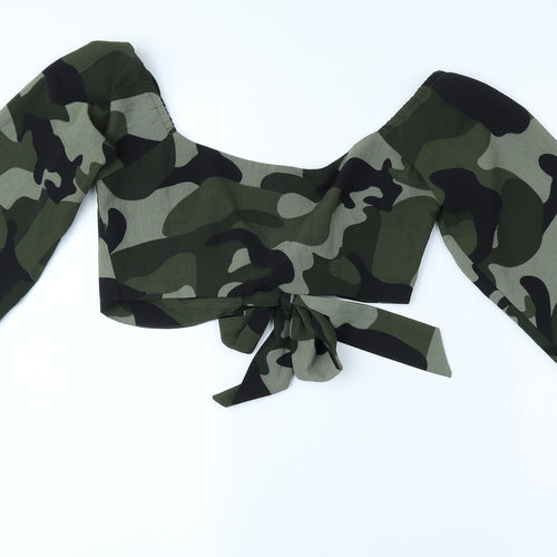 I SAW IT FIRST Womens Green Camouflage Polyester Cropped Blouse Size 6 Scoop Neck - Tie Front