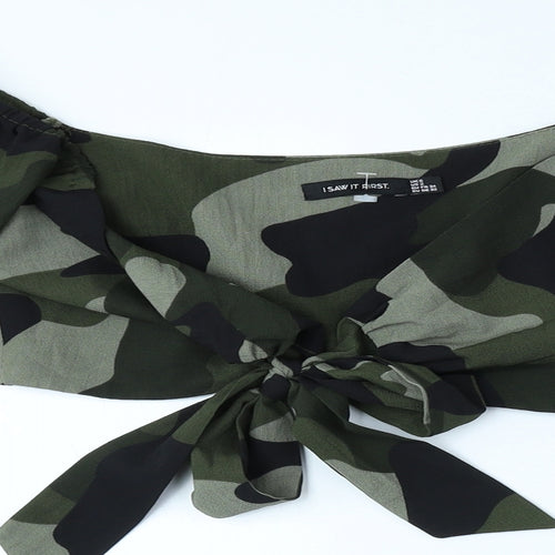 I SAW IT FIRST Womens Green Camouflage Polyester Cropped Blouse Size 6 Scoop Neck - Tie Front