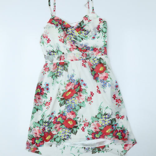 Lipsy London Womens White Floral Polyester Fit & Flare Size 12 V-Neck Zip - Flowers