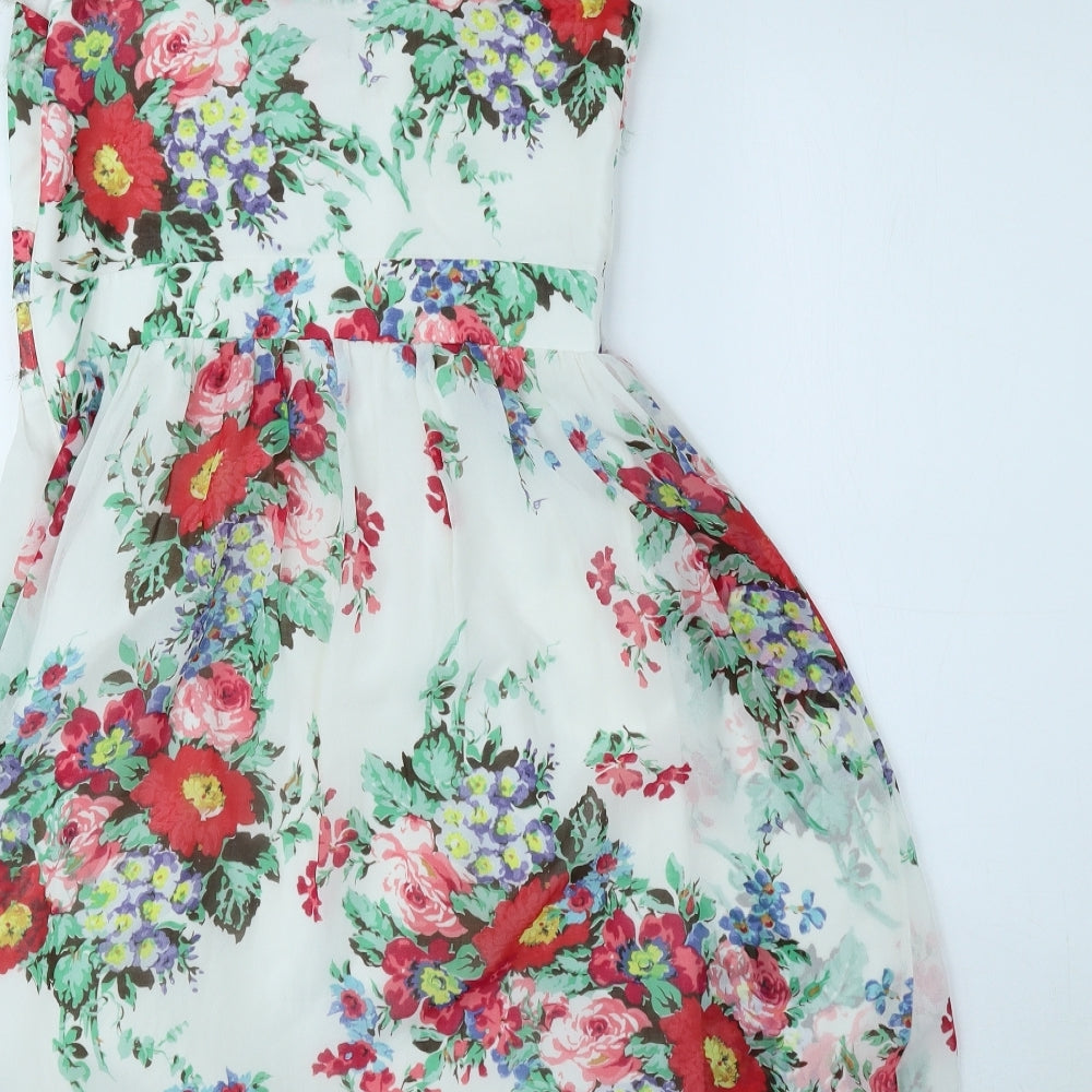 Lipsy London Womens White Floral Polyester Fit & Flare Size 12 V-Neck Zip - Flowers