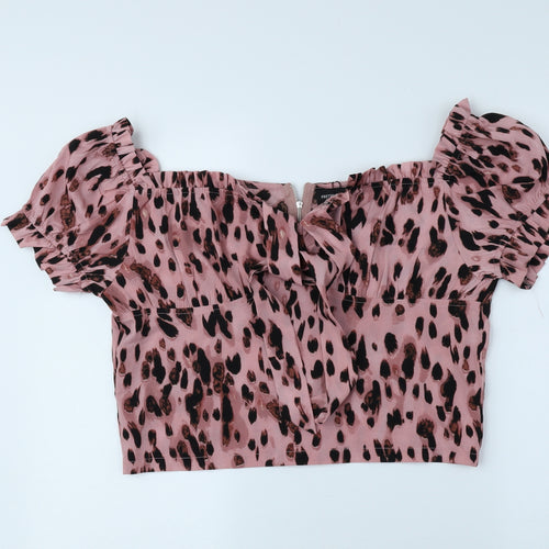 PRETTYLITTLETHING Womens Pink Animal Print Polyester Cropped Blouse Size 16 Off the Shoulder - Leopard Print