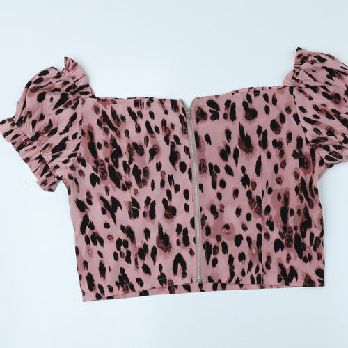 PRETTYLITTLETHING Womens Pink Animal Print Polyester Cropped Blouse Size 16 Off the Shoulder - Leopard Print