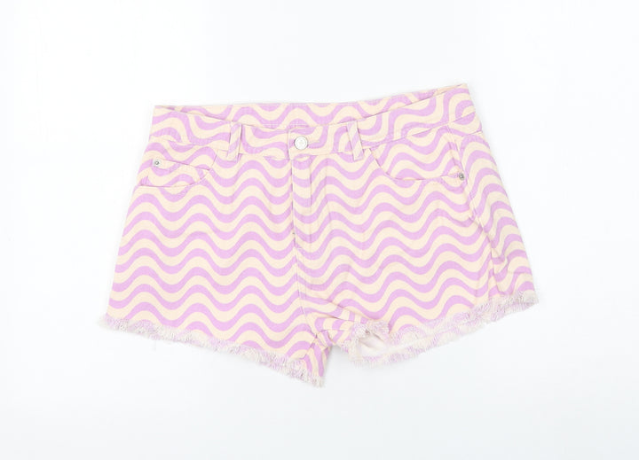 Marks and Spencer Girls Purple Geometric Cotton Mom Shorts Size 14-15 Years Regular Zip