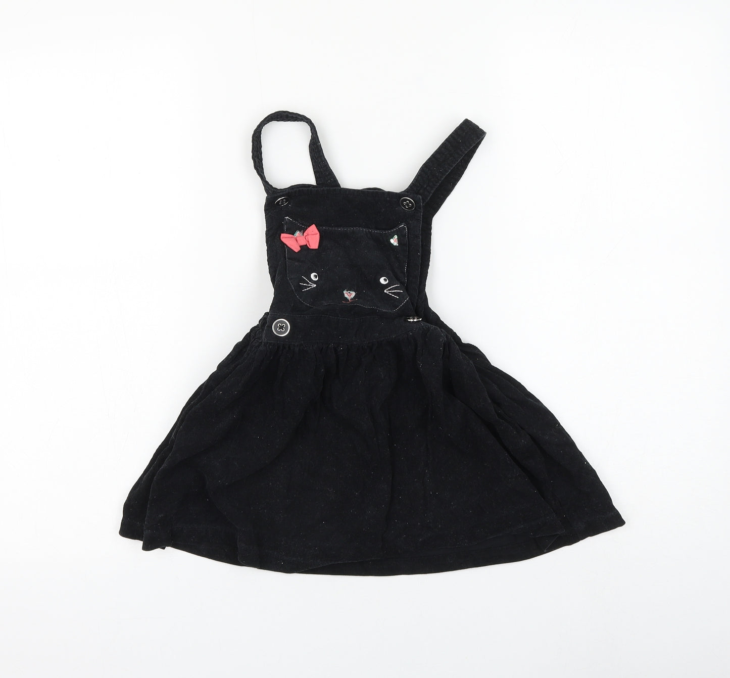 TU Girls Black Cotton Pinafore/Dungaree Dress Size 4-5 Years Square Neck Button - Cat