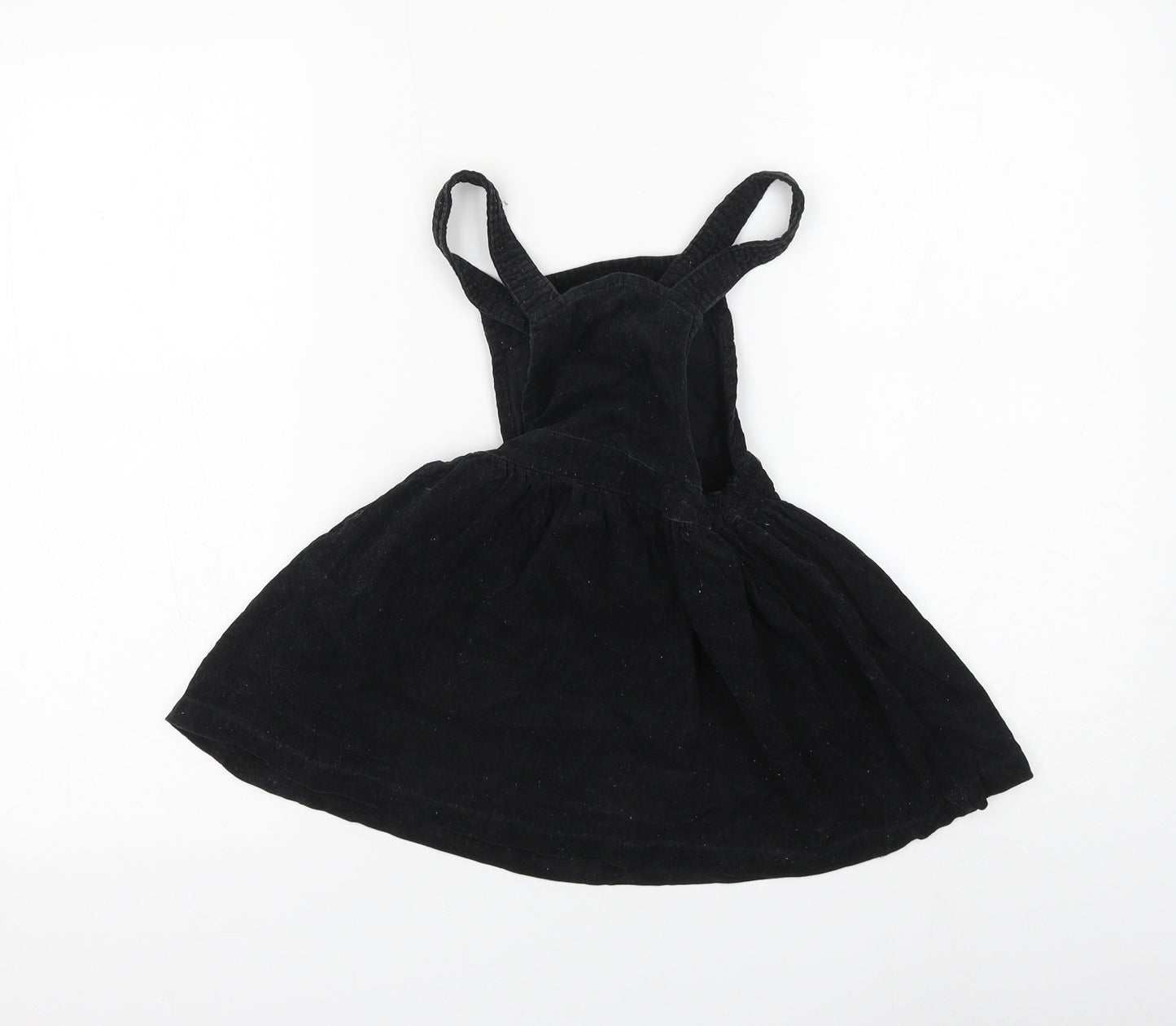 TU Girls Black Cotton Pinafore/Dungaree Dress Size 4-5 Years Square Neck Button - Cat