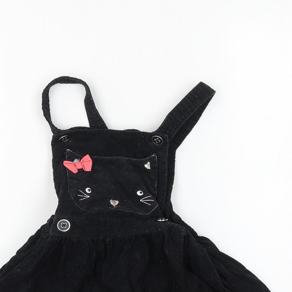 TU Girls Black Cotton Pinafore/Dungaree Dress Size 4-5 Years Square Neck Button - Cat