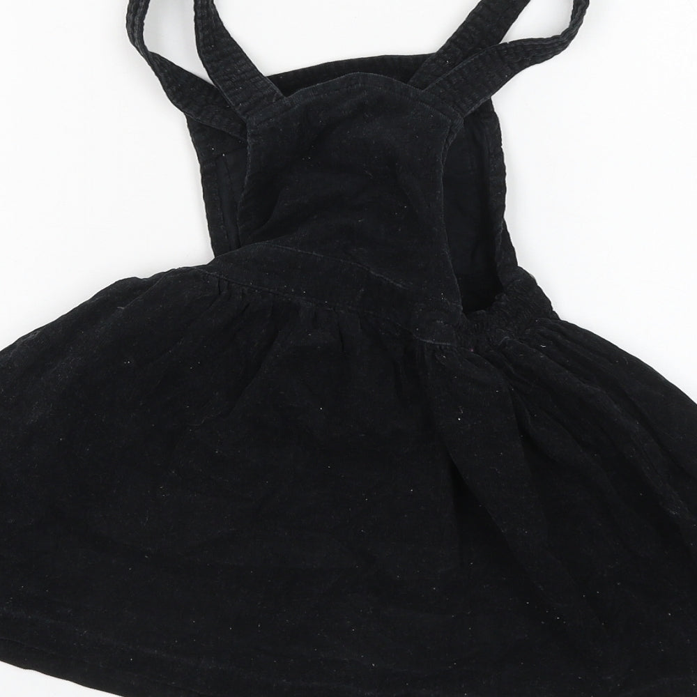 TU Girls Black Cotton Pinafore/Dungaree Dress Size 4-5 Years Square Neck Button - Cat