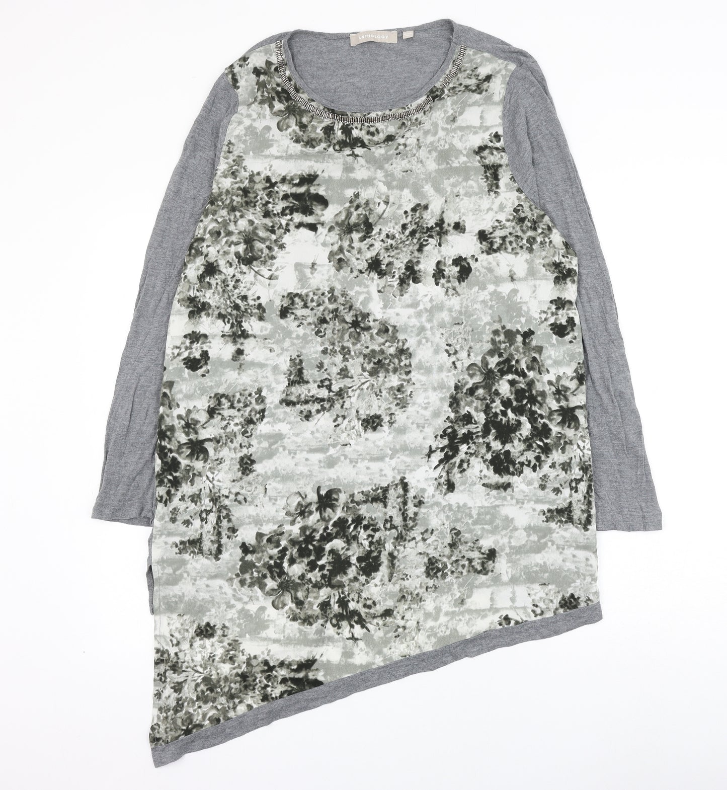 Anthology Womens Grey Geometric Polyester Tunic Blouse Size 14 Round Neck - Asymmetric