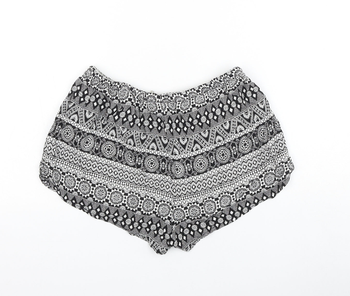 H&M Womens Black Geometric Viscose Hot Pants Shorts Size 8 L3 in Regular Drawstring