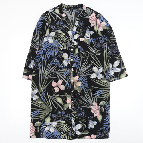 F&F Womens Black Floral Polyester Tunic Button-Up Size 14 V-Neck