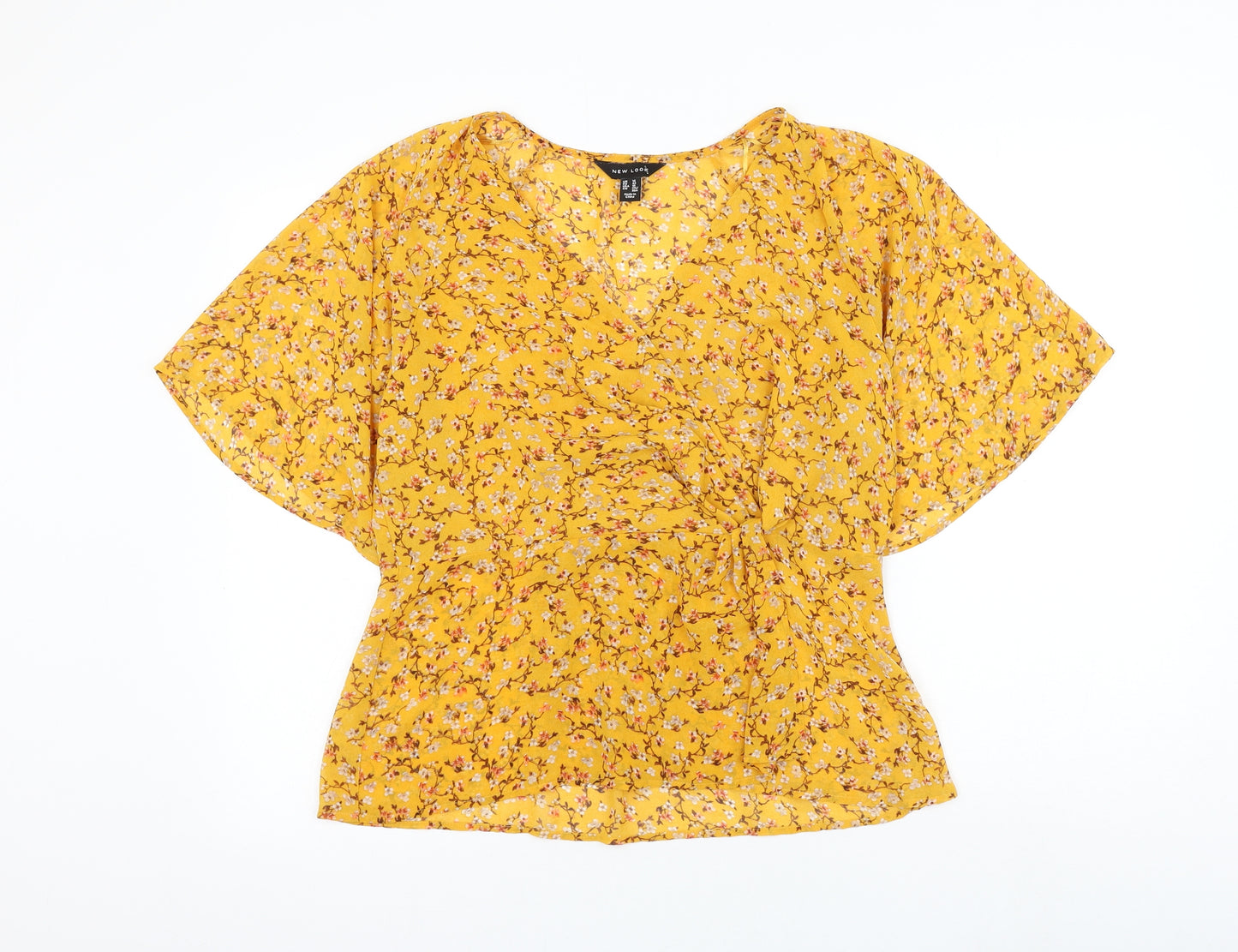 New Look Womens Yellow Floral Polyester Basic Blouse Size 14 V-Neck