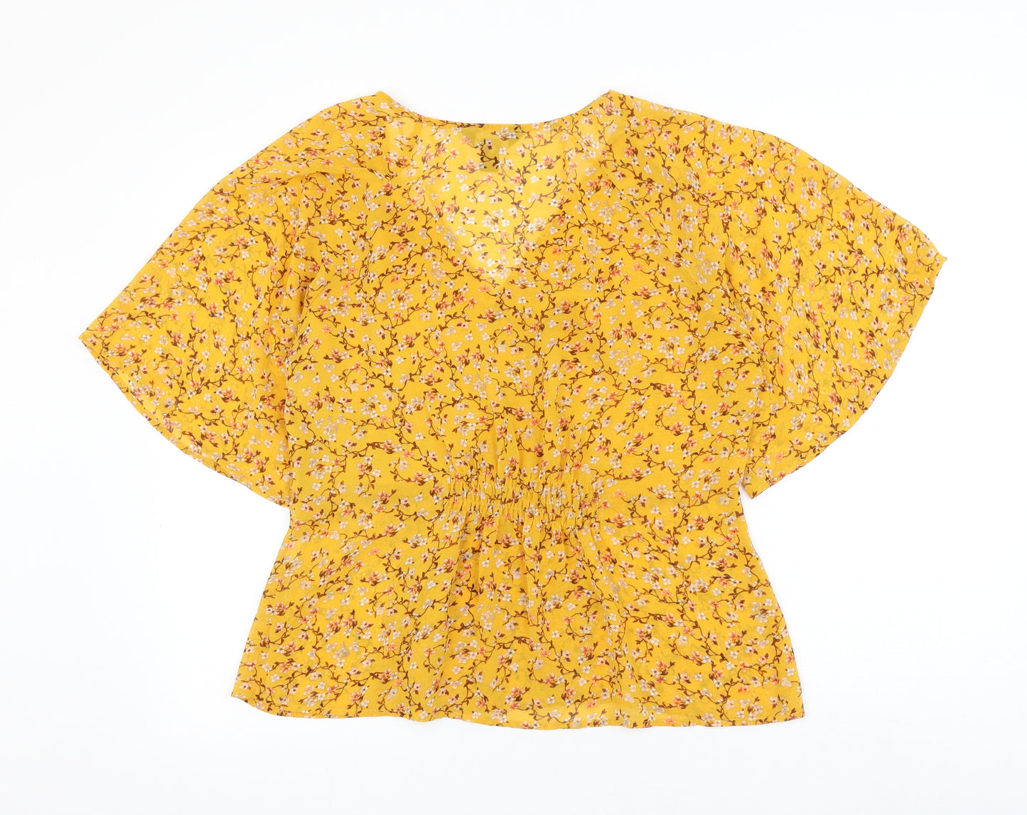 New Look Womens Yellow Floral Polyester Basic Blouse Size 14 V-Neck