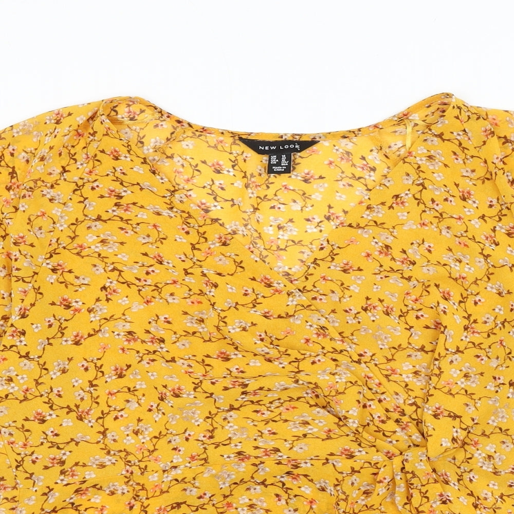 New Look Womens Yellow Floral Polyester Basic Blouse Size 14 V-Neck