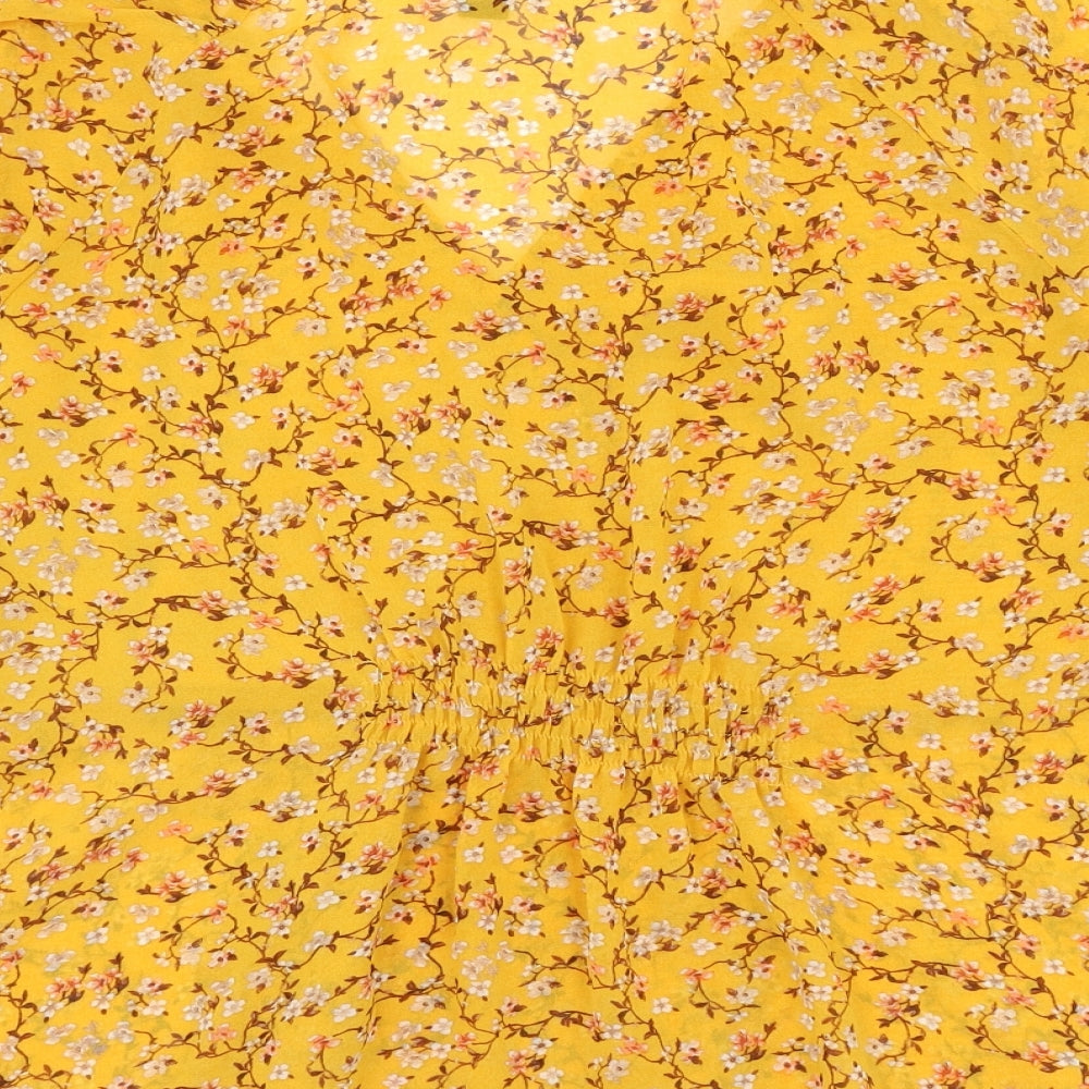 New Look Womens Yellow Floral Polyester Basic Blouse Size 14 V-Neck