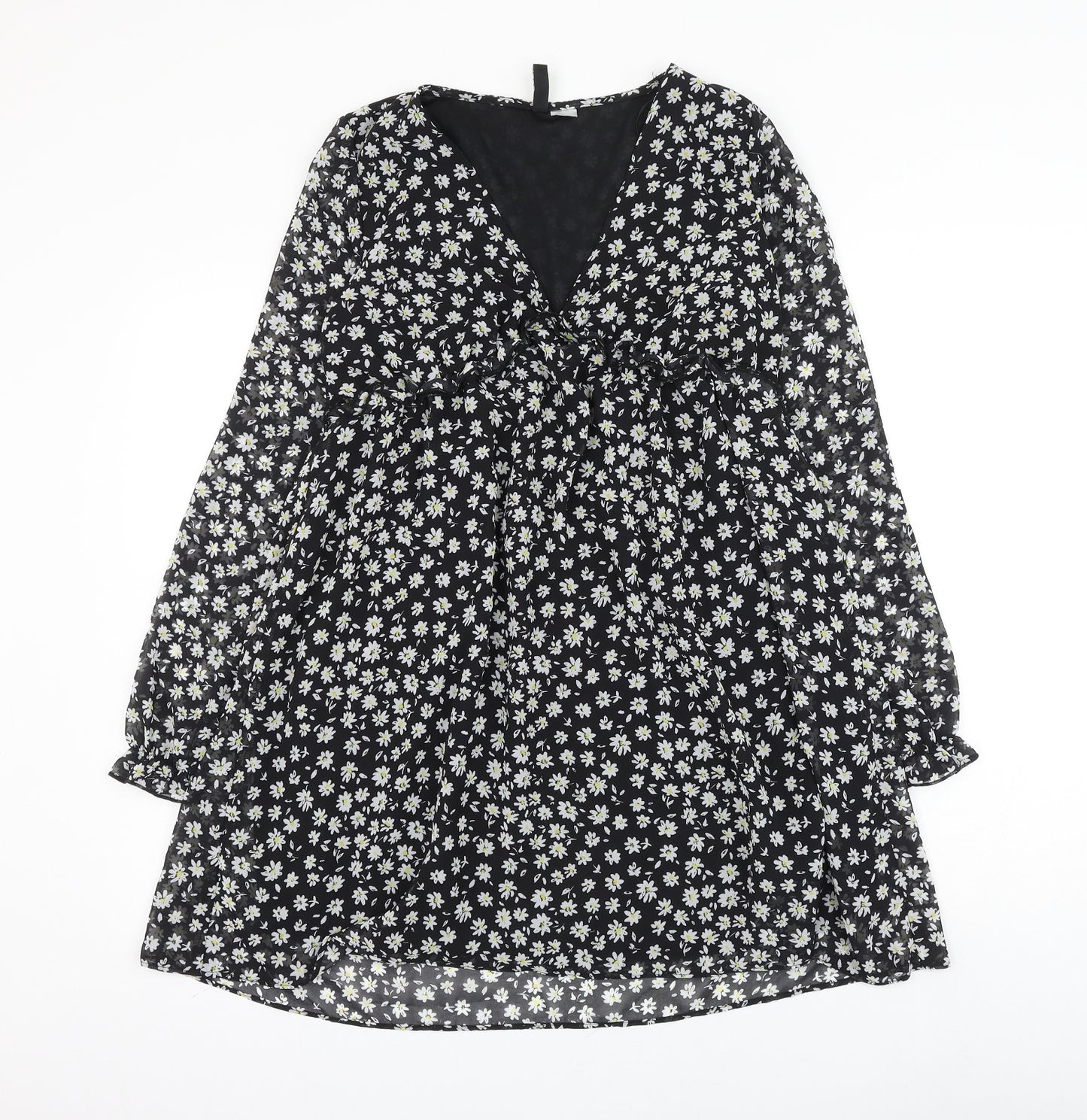 H&M Womens Black Floral Polyester Skater Dress Size XS V-Neck Pullover