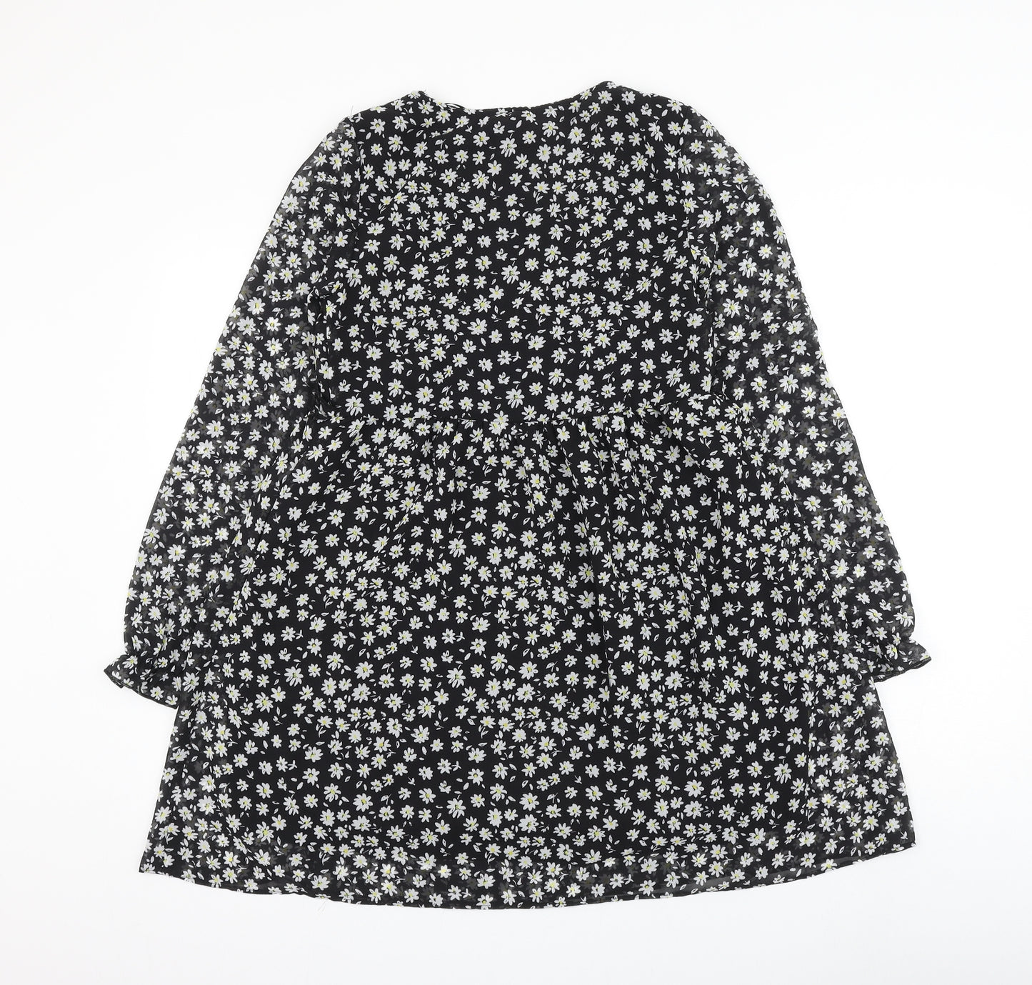 H&M Womens Black Floral Polyester Skater Dress Size XS V-Neck Pullover